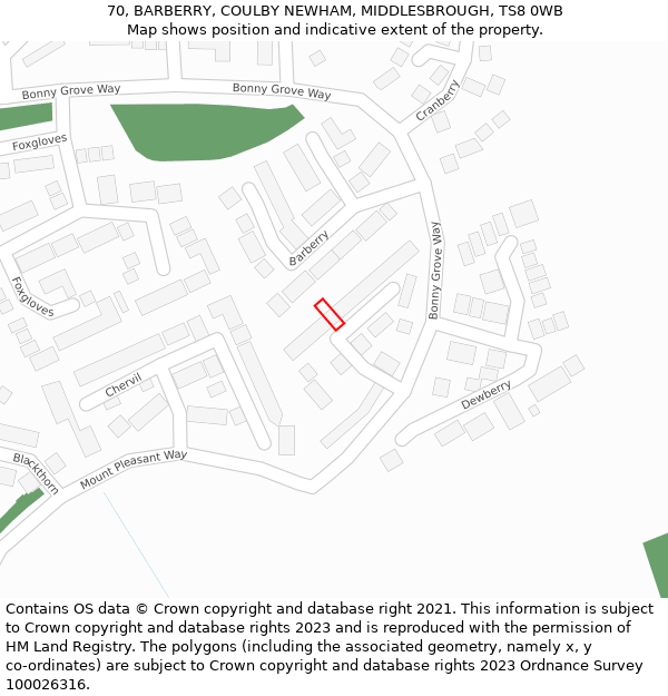 70, BARBERRY, COULBY NEWHAM, MIDDLESBROUGH, TS8 0WB: Location map and indicative extent of plot