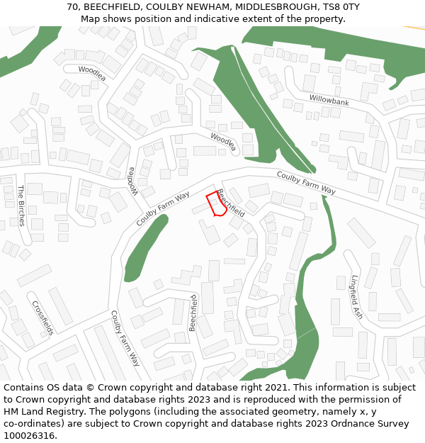 70, BEECHFIELD, COULBY NEWHAM, MIDDLESBROUGH, TS8 0TY: Location map and indicative extent of plot