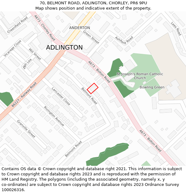 70, BELMONT ROAD, ADLINGTON, CHORLEY, PR6 9PU: Location map and indicative extent of plot