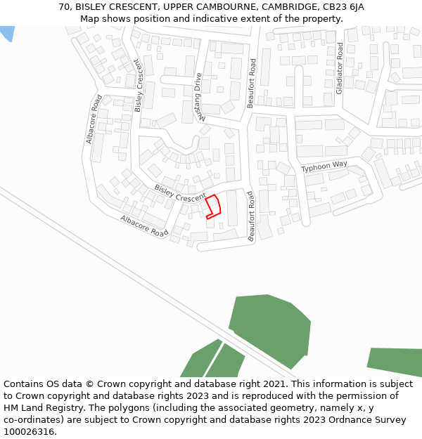 70, BISLEY CRESCENT, UPPER CAMBOURNE, CAMBRIDGE, CB23 6JA: Location map and indicative extent of plot