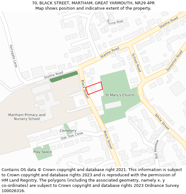 70, BLACK STREET, MARTHAM, GREAT YARMOUTH, NR29 4PR: Location map and indicative extent of plot