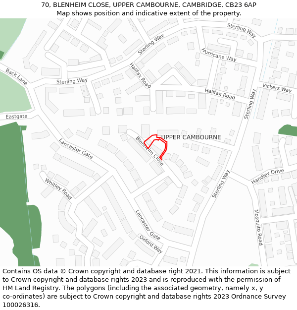 70, BLENHEIM CLOSE, UPPER CAMBOURNE, CAMBRIDGE, CB23 6AP: Location map and indicative extent of plot