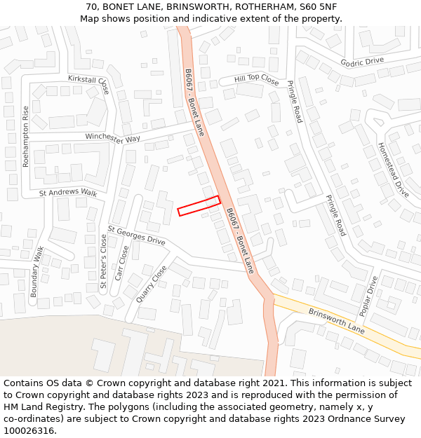 70, BONET LANE, BRINSWORTH, ROTHERHAM, S60 5NF: Location map and indicative extent of plot