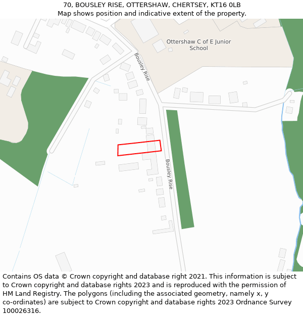 70, BOUSLEY RISE, OTTERSHAW, CHERTSEY, KT16 0LB: Location map and indicative extent of plot
