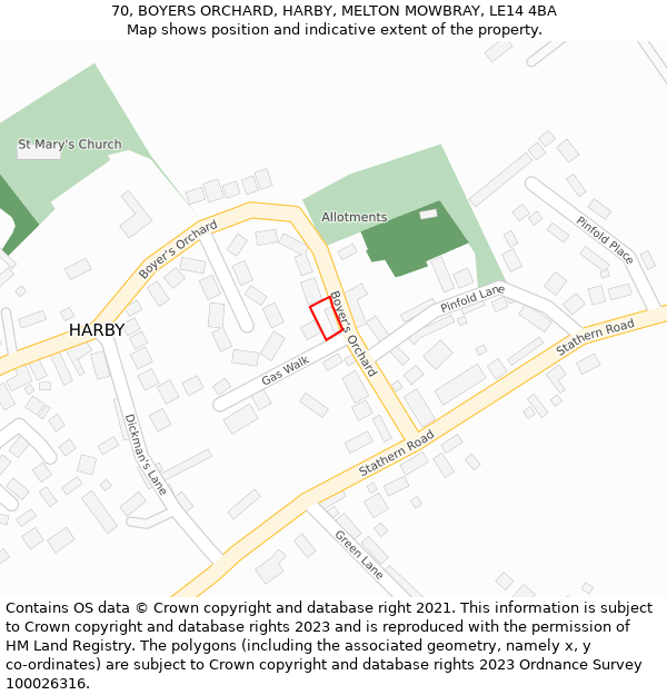 70, BOYERS ORCHARD, HARBY, MELTON MOWBRAY, LE14 4BA: Location map and indicative extent of plot