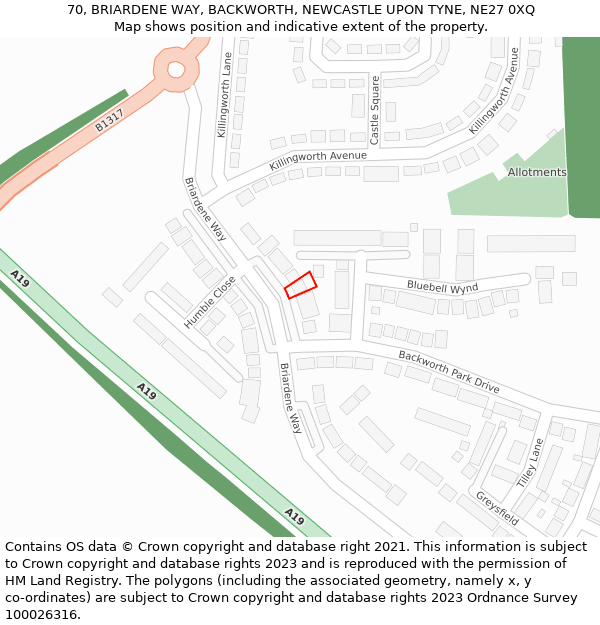 70, BRIARDENE WAY, BACKWORTH, NEWCASTLE UPON TYNE, NE27 0XQ: Location map and indicative extent of plot