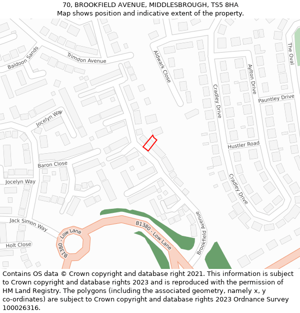 70, BROOKFIELD AVENUE, MIDDLESBROUGH, TS5 8HA: Location map and indicative extent of plot