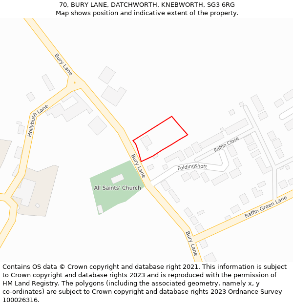 70, BURY LANE, DATCHWORTH, KNEBWORTH, SG3 6RG: Location map and indicative extent of plot