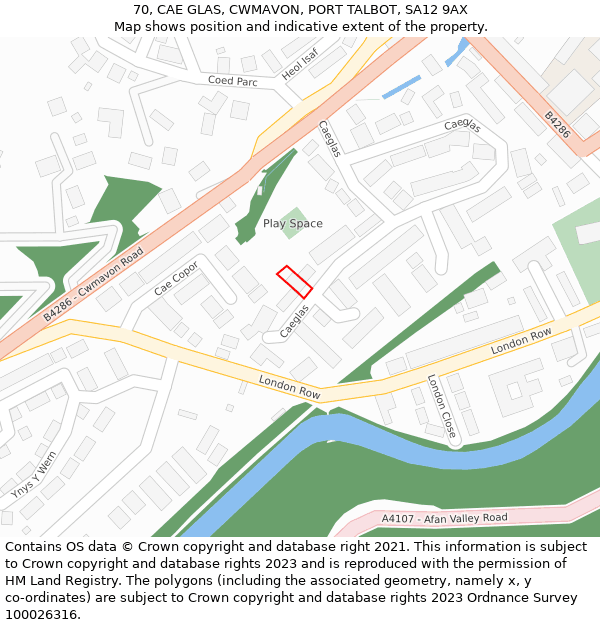 70, CAE GLAS, CWMAVON, PORT TALBOT, SA12 9AX: Location map and indicative extent of plot