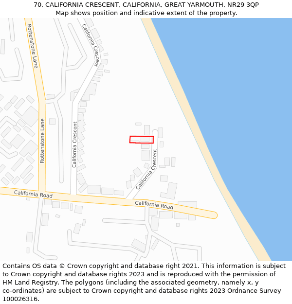 70, CALIFORNIA CRESCENT, CALIFORNIA, GREAT YARMOUTH, NR29 3QP: Location map and indicative extent of plot