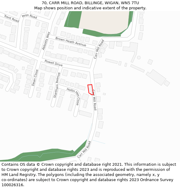 70, CARR MILL ROAD, BILLINGE, WIGAN, WN5 7TU: Location map and indicative extent of plot