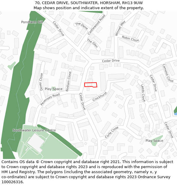 70, CEDAR DRIVE, SOUTHWATER, HORSHAM, RH13 9UW: Location map and indicative extent of plot