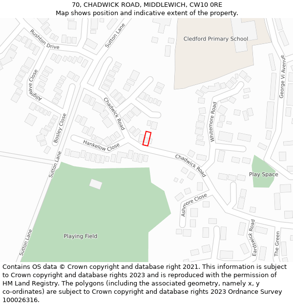 70, CHADWICK ROAD, MIDDLEWICH, CW10 0RE: Location map and indicative extent of plot