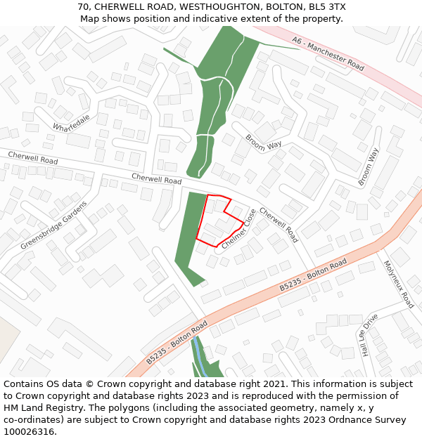 70, CHERWELL ROAD, WESTHOUGHTON, BOLTON, BL5 3TX: Location map and indicative extent of plot