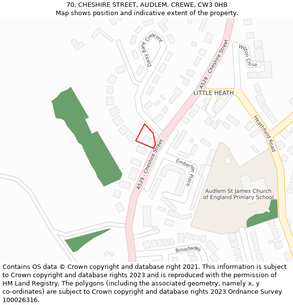 70, CHESHIRE STREET, AUDLEM, CREWE, CW3 0HB: Location map and indicative extent of plot