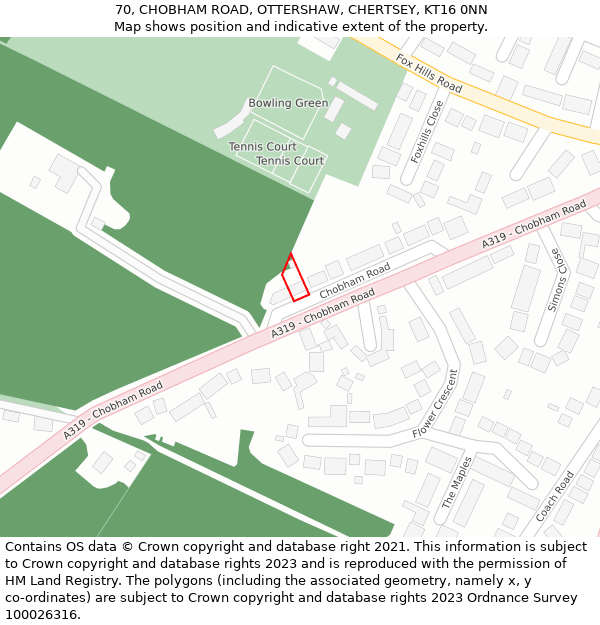 70, CHOBHAM ROAD, OTTERSHAW, CHERTSEY, KT16 0NN: Location map and indicative extent of plot