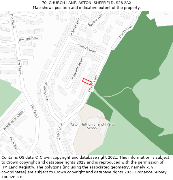 70, CHURCH LANE, ASTON, SHEFFIELD, S26 2AX: Location map and indicative extent of plot