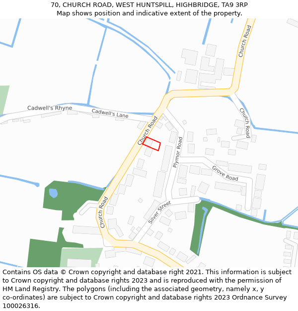 70, CHURCH ROAD, WEST HUNTSPILL, HIGHBRIDGE, TA9 3RP: Location map and indicative extent of plot