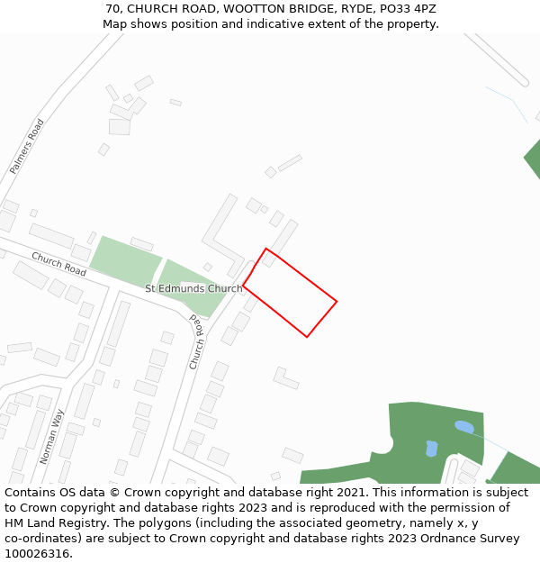 70, CHURCH ROAD, WOOTTON BRIDGE, RYDE, PO33 4PZ: Location map and indicative extent of plot