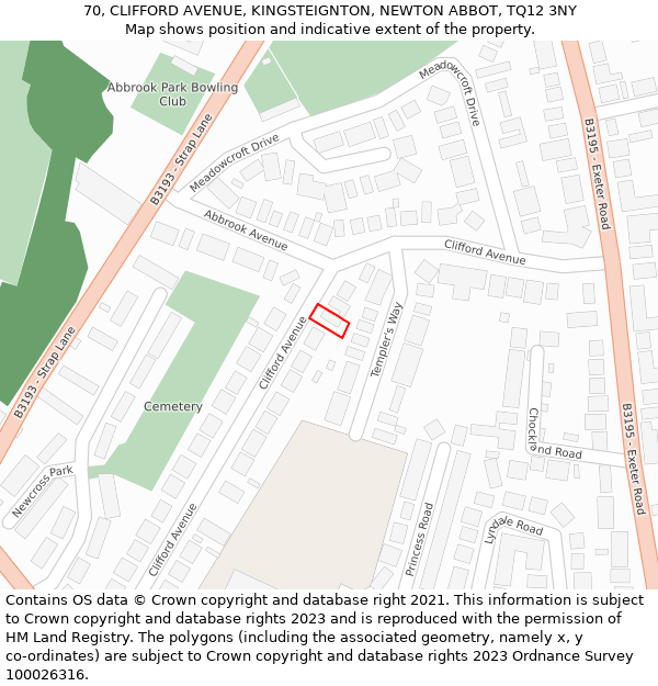70, CLIFFORD AVENUE, KINGSTEIGNTON, NEWTON ABBOT, TQ12 3NY: Location map and indicative extent of plot
