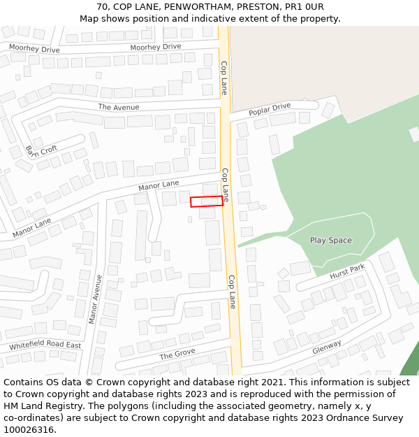 70, COP LANE, PENWORTHAM, PRESTON, PR1 0UR: Location map and indicative extent of plot