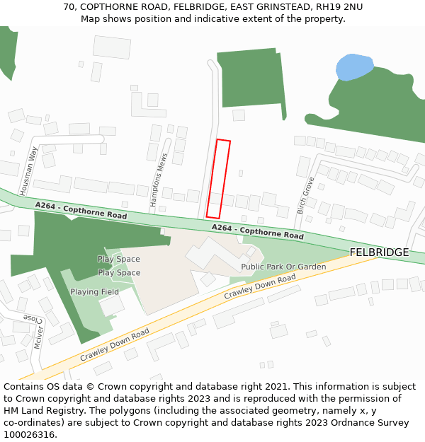 70, COPTHORNE ROAD, FELBRIDGE, EAST GRINSTEAD, RH19 2NU: Location map and indicative extent of plot
