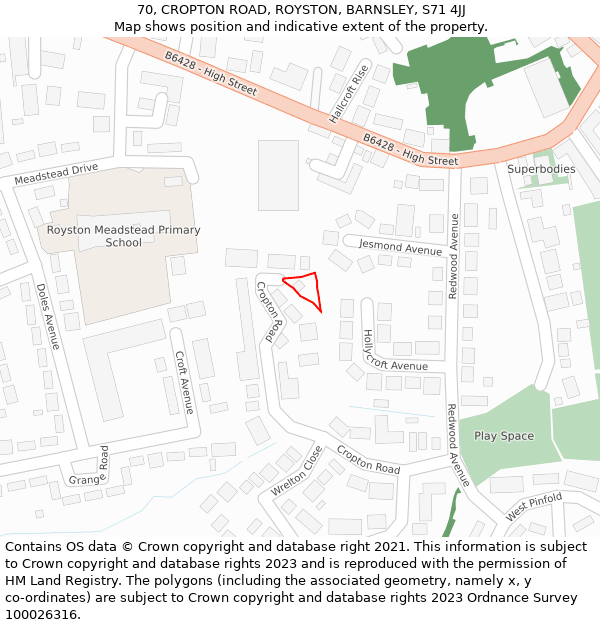 70, CROPTON ROAD, ROYSTON, BARNSLEY, S71 4JJ: Location map and indicative extent of plot