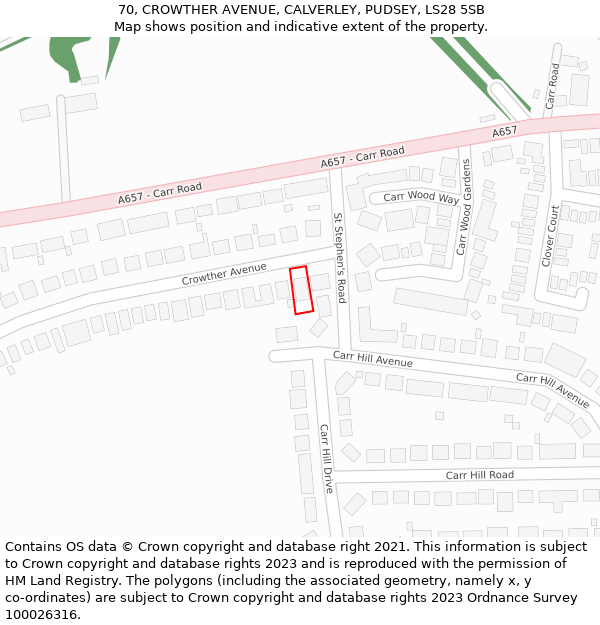70, CROWTHER AVENUE, CALVERLEY, PUDSEY, LS28 5SB: Location map and indicative extent of plot