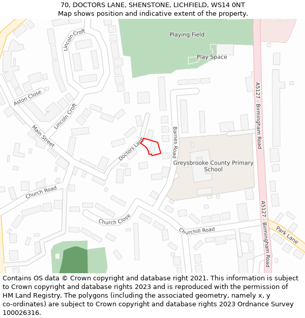 70, DOCTORS LANE, SHENSTONE, LICHFIELD, WS14 0NT: Location map and indicative extent of plot