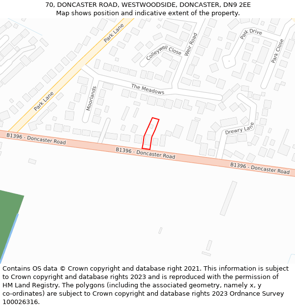 70, DONCASTER ROAD, WESTWOODSIDE, DONCASTER, DN9 2EE: Location map and indicative extent of plot