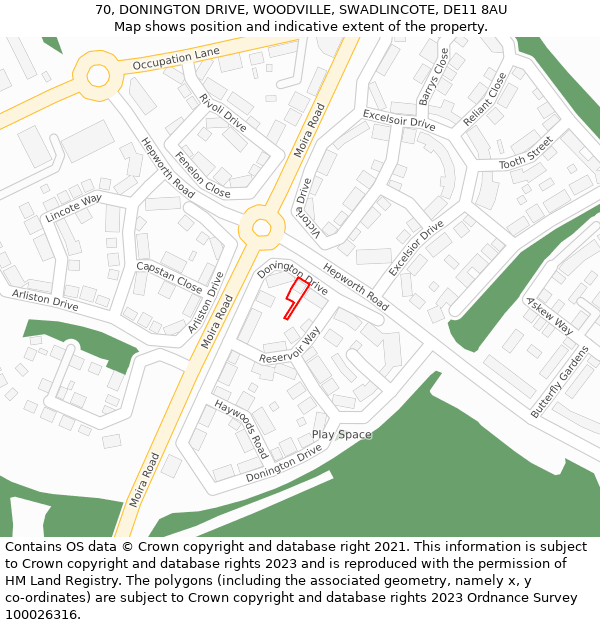 70, DONINGTON DRIVE, WOODVILLE, SWADLINCOTE, DE11 8AU: Location map and indicative extent of plot