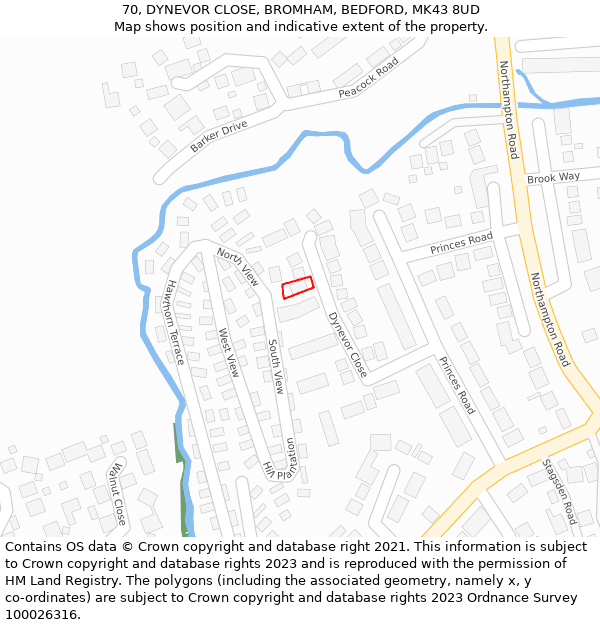 70, DYNEVOR CLOSE, BROMHAM, BEDFORD, MK43 8UD: Location map and indicative extent of plot