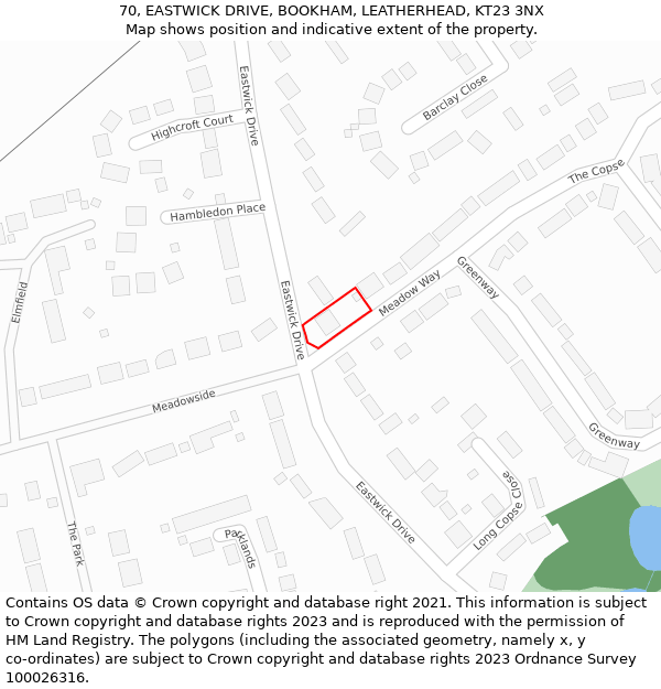 70, EASTWICK DRIVE, BOOKHAM, LEATHERHEAD, KT23 3NX: Location map and indicative extent of plot