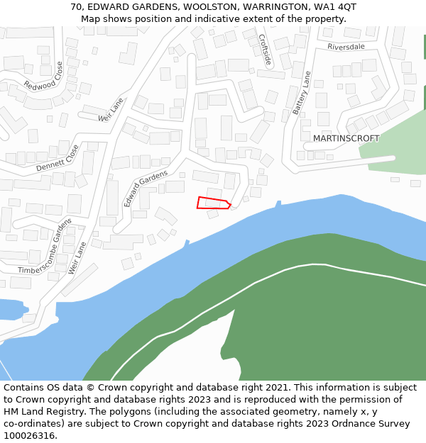 70, EDWARD GARDENS, WOOLSTON, WARRINGTON, WA1 4QT: Location map and indicative extent of plot