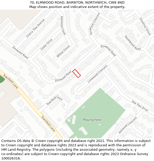 70, ELMWOOD ROAD, BARNTON, NORTHWICH, CW8 4ND: Location map and indicative extent of plot