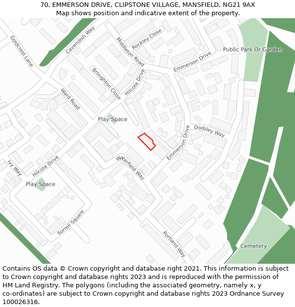 70, EMMERSON DRIVE, CLIPSTONE VILLAGE, MANSFIELD, NG21 9AX: Location map and indicative extent of plot