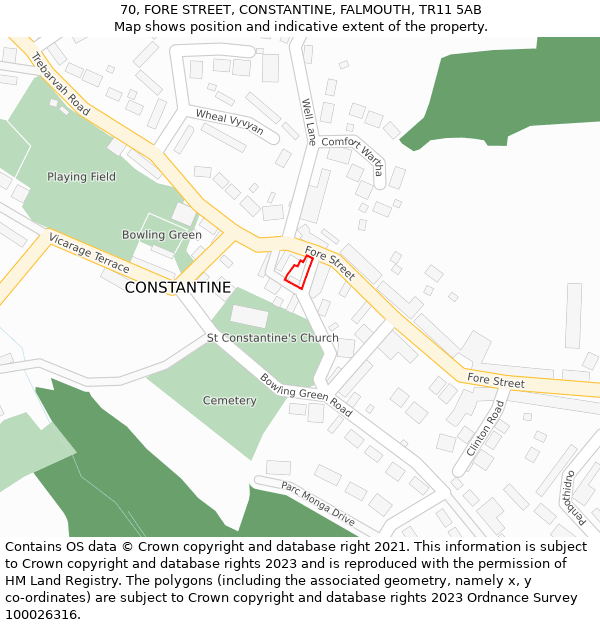 70, FORE STREET, CONSTANTINE, FALMOUTH, TR11 5AB: Location map and indicative extent of plot