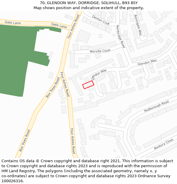 70, GLENDON WAY, DORRIDGE, SOLIHULL, B93 8SY: Location map and indicative extent of plot