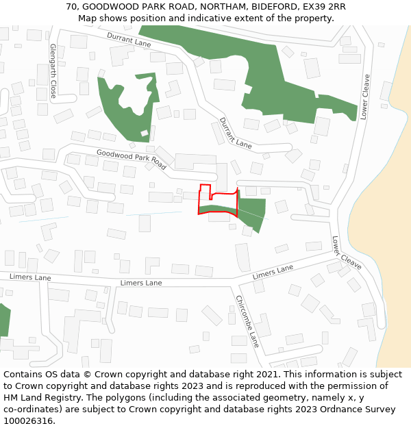 70, GOODWOOD PARK ROAD, NORTHAM, BIDEFORD, EX39 2RR: Location map and indicative extent of plot