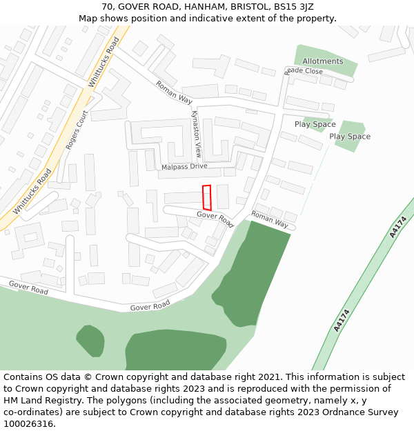 70, GOVER ROAD, HANHAM, BRISTOL, BS15 3JZ: Location map and indicative extent of plot
