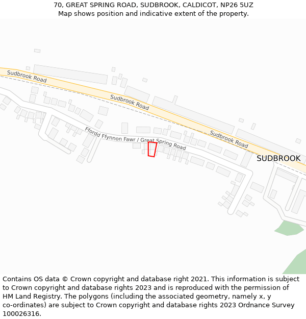 70, GREAT SPRING ROAD, SUDBROOK, CALDICOT, NP26 5UZ: Location map and indicative extent of plot