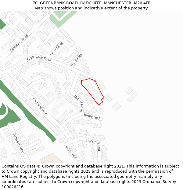 70, GREENBANK ROAD, RADCLIFFE, MANCHESTER, M26 4FR: Location map and indicative extent of plot