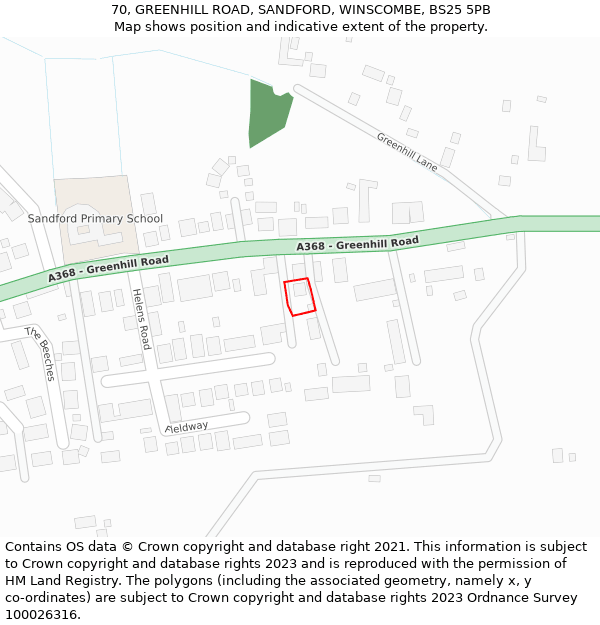 70, GREENHILL ROAD, SANDFORD, WINSCOMBE, BS25 5PB: Location map and indicative extent of plot