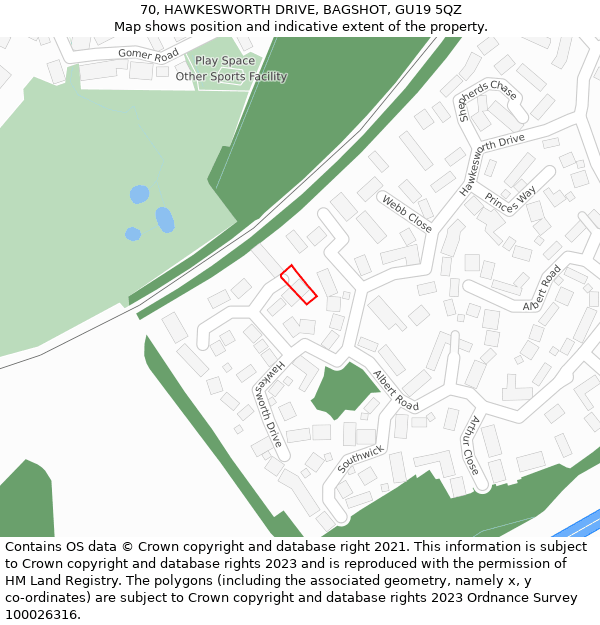 70, HAWKESWORTH DRIVE, BAGSHOT, GU19 5QZ: Location map and indicative extent of plot