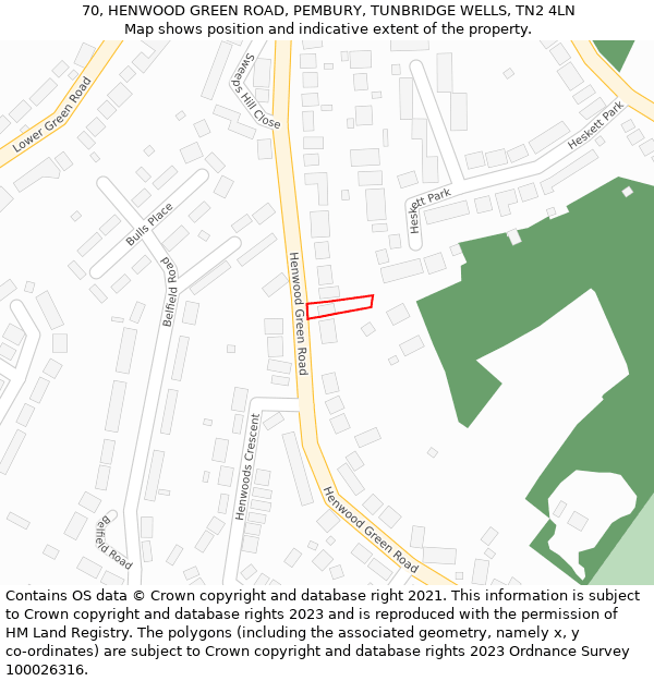 70, HENWOOD GREEN ROAD, PEMBURY, TUNBRIDGE WELLS, TN2 4LN: Location map and indicative extent of plot