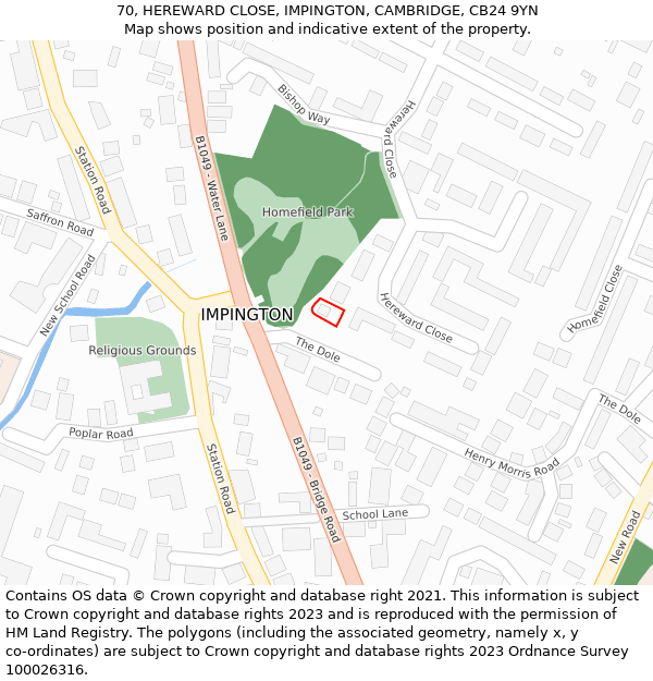 70, HEREWARD CLOSE, IMPINGTON, CAMBRIDGE, CB24 9YN: Location map and indicative extent of plot