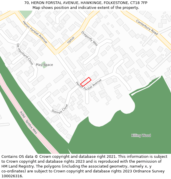 70, HERON FORSTAL AVENUE, HAWKINGE, FOLKESTONE, CT18 7FP: Location map and indicative extent of plot