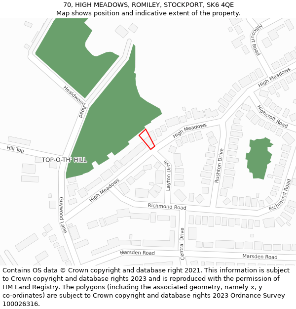 70, HIGH MEADOWS, ROMILEY, STOCKPORT, SK6 4QE: Location map and indicative extent of plot