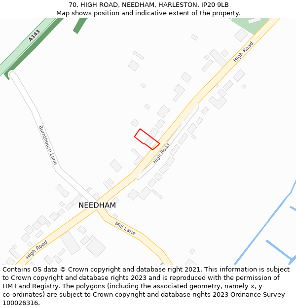 70, HIGH ROAD, NEEDHAM, HARLESTON, IP20 9LB: Location map and indicative extent of plot