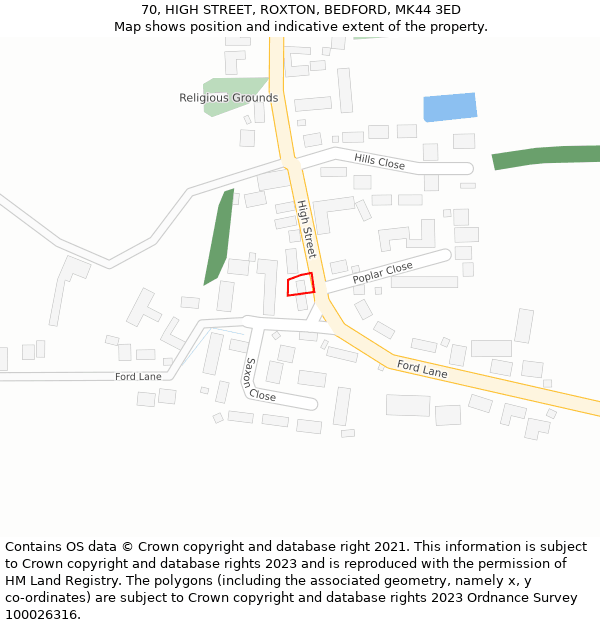 70, HIGH STREET, ROXTON, BEDFORD, MK44 3ED: Location map and indicative extent of plot